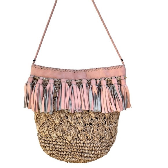 CLEOBELLA RAFIA & LEATHER FRINGE CROSSBODY SHOULDER BAG Pink - Picture 10 of 11